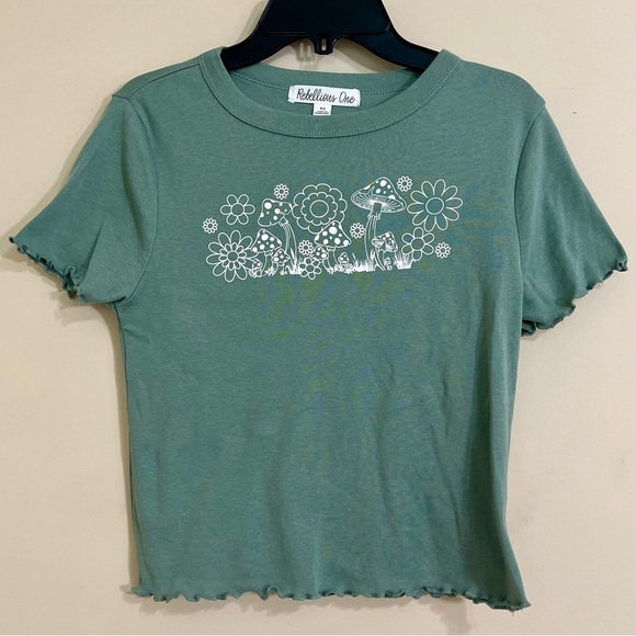 REBELLIOUS ONE Mushroom Groovy Y2K Juniors Crewneck Lettuce Hem Baby Tee Size XS - Picture 1 of 10